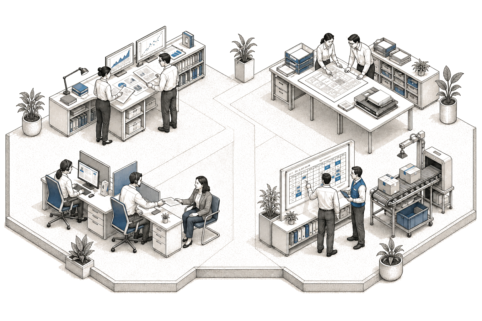 An illustrated business workspace with analysts comparing research, colleagues reviewing documents, a support team and an operations planning area.