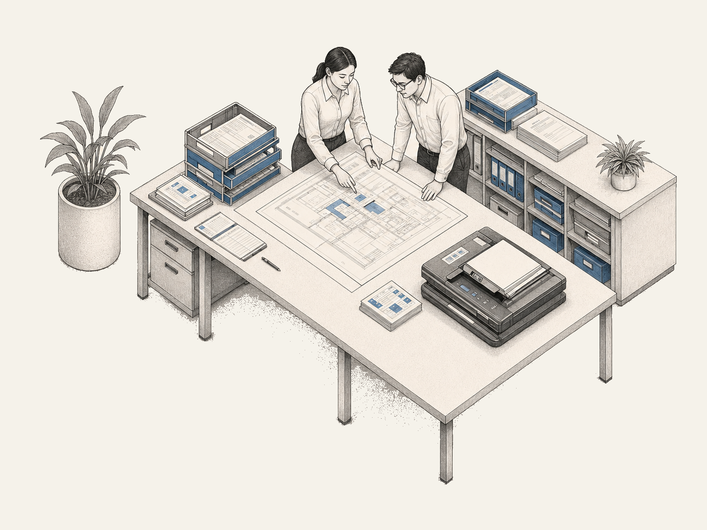 Colleagues reviewing drawings and documents beside a scanner.