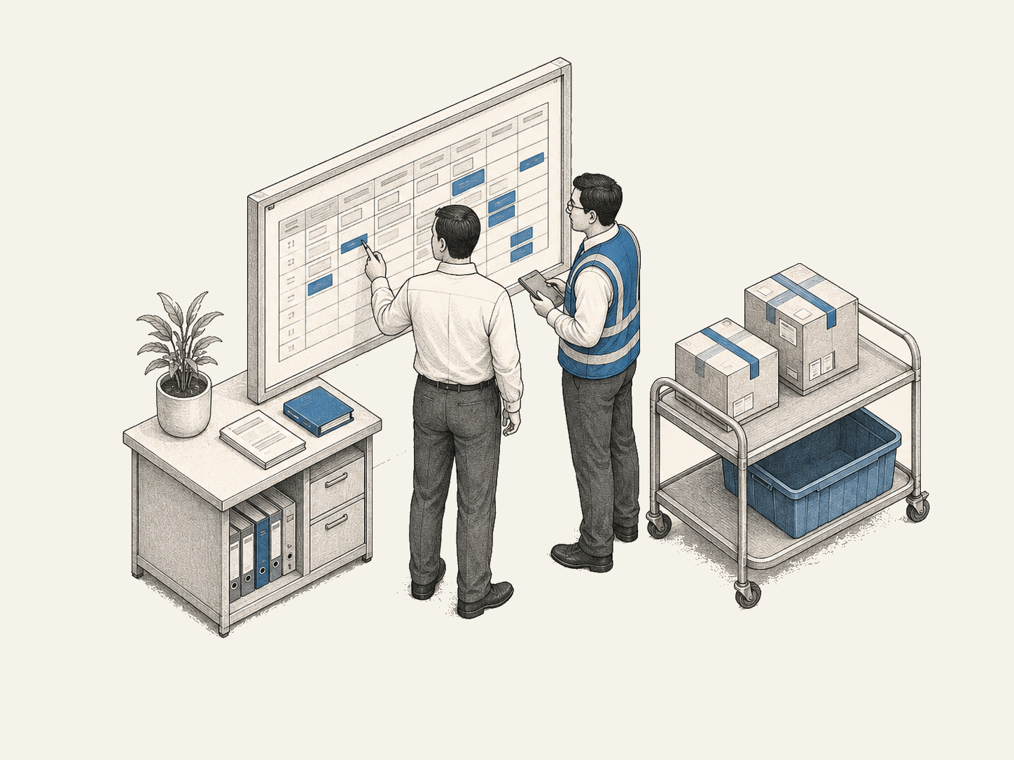 Operations managers coordinating a production schedule.