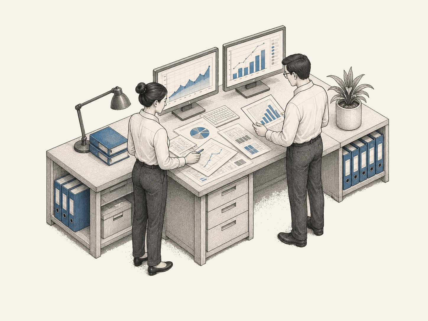 Analysts comparing reports and evidence at a research desk.