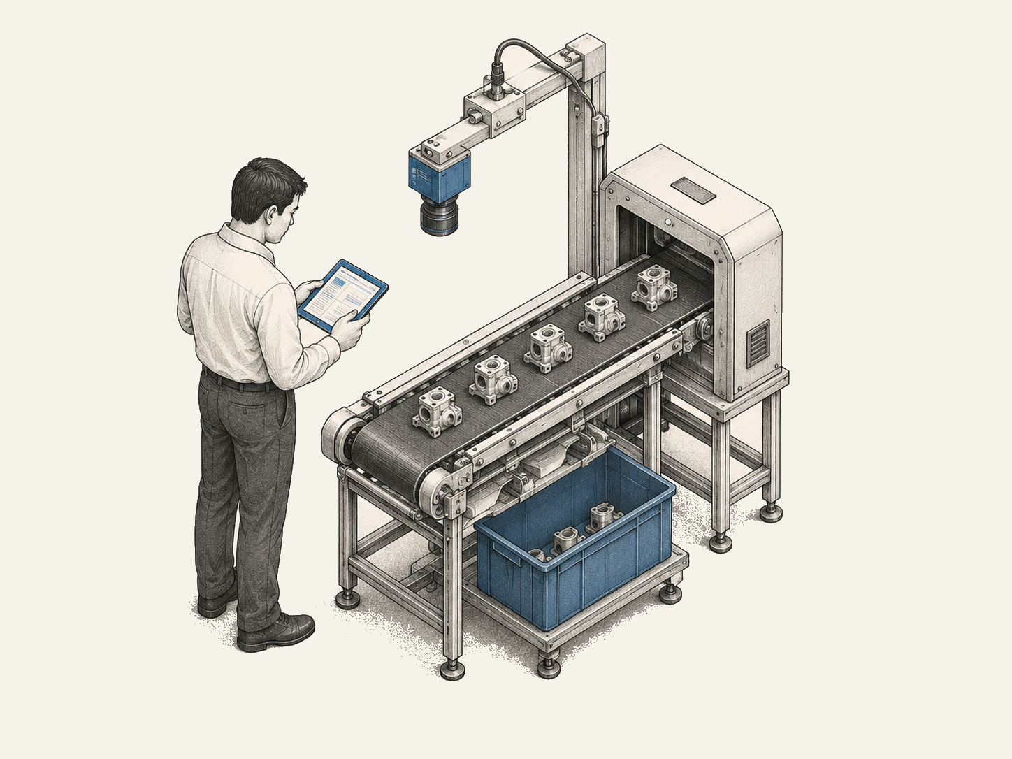 An inspector reviewing a camera-equipped production line.
