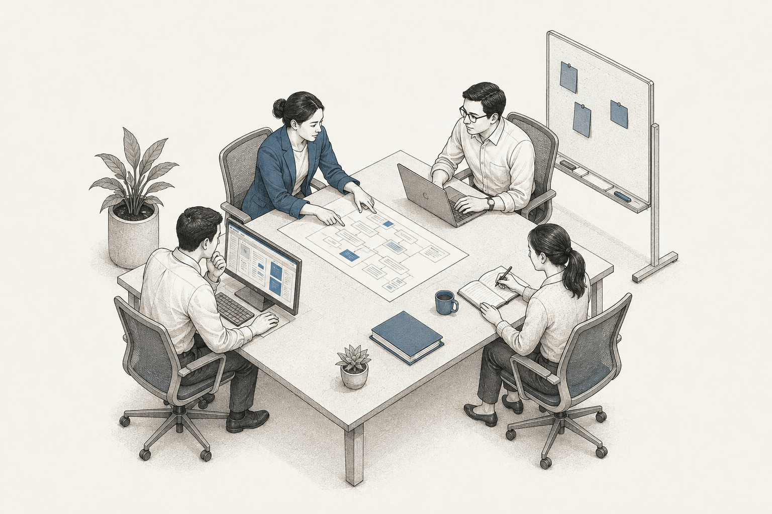 Engineers and business colleagues collaborating around a shared project table.